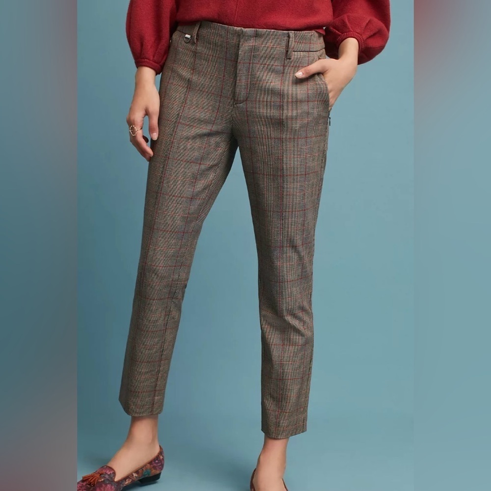 ANTHROPOLOGIE The Essential Slim Trouser Cropped Brown Plaid Pants Size 2